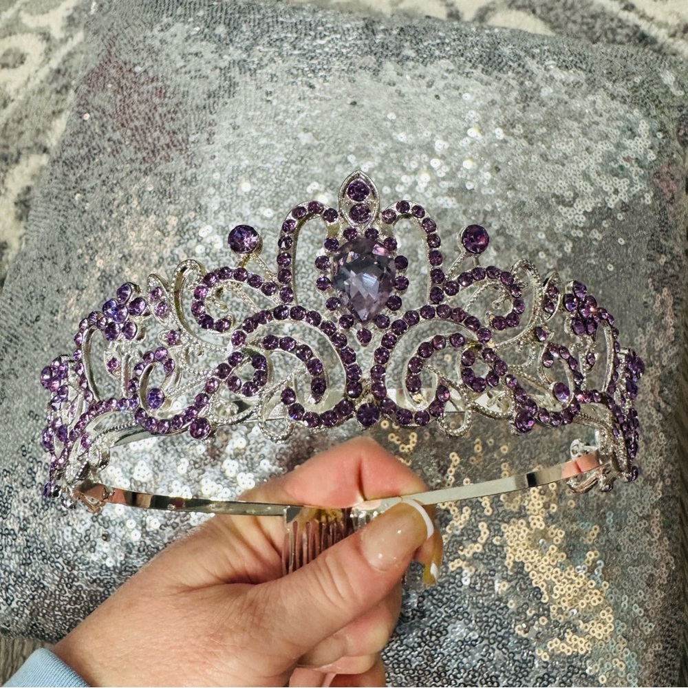 Silver Tone Purple Rhinestone Princess Tiara Headband Crown Costume Accessory
